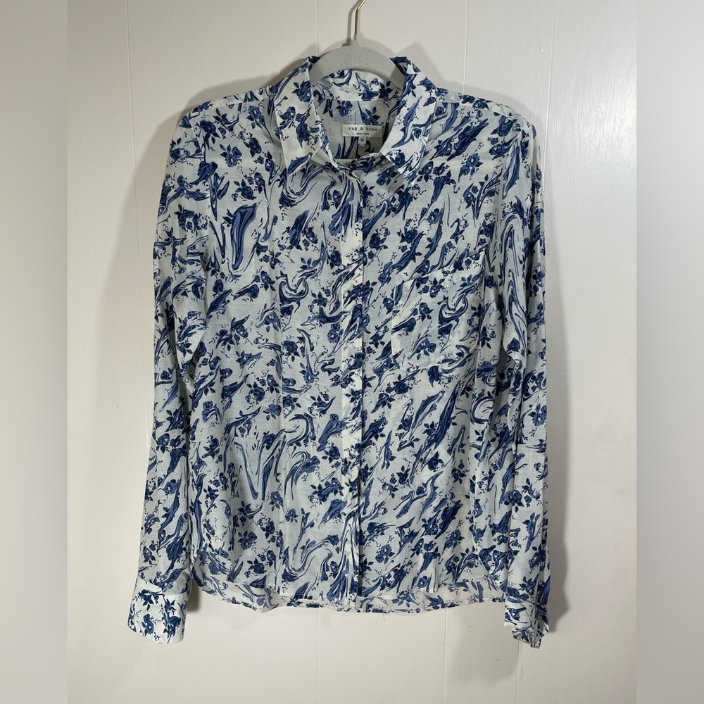 Rag & Bone Cotton Silk Blend Floral Print Collar Snap Button Closure Front Top